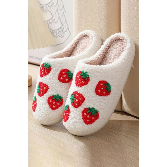 Azura Exchange  Bright White Cute Fuzzy Strawberry Pattern Home Slippers - Picture 2 of 8